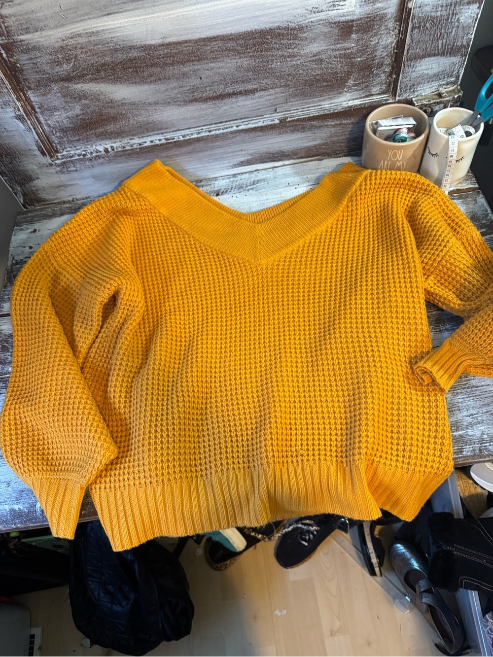 Zenana Outfitters Mustard Yellow Off-the-Shoulder Waffle Knit Sweater
